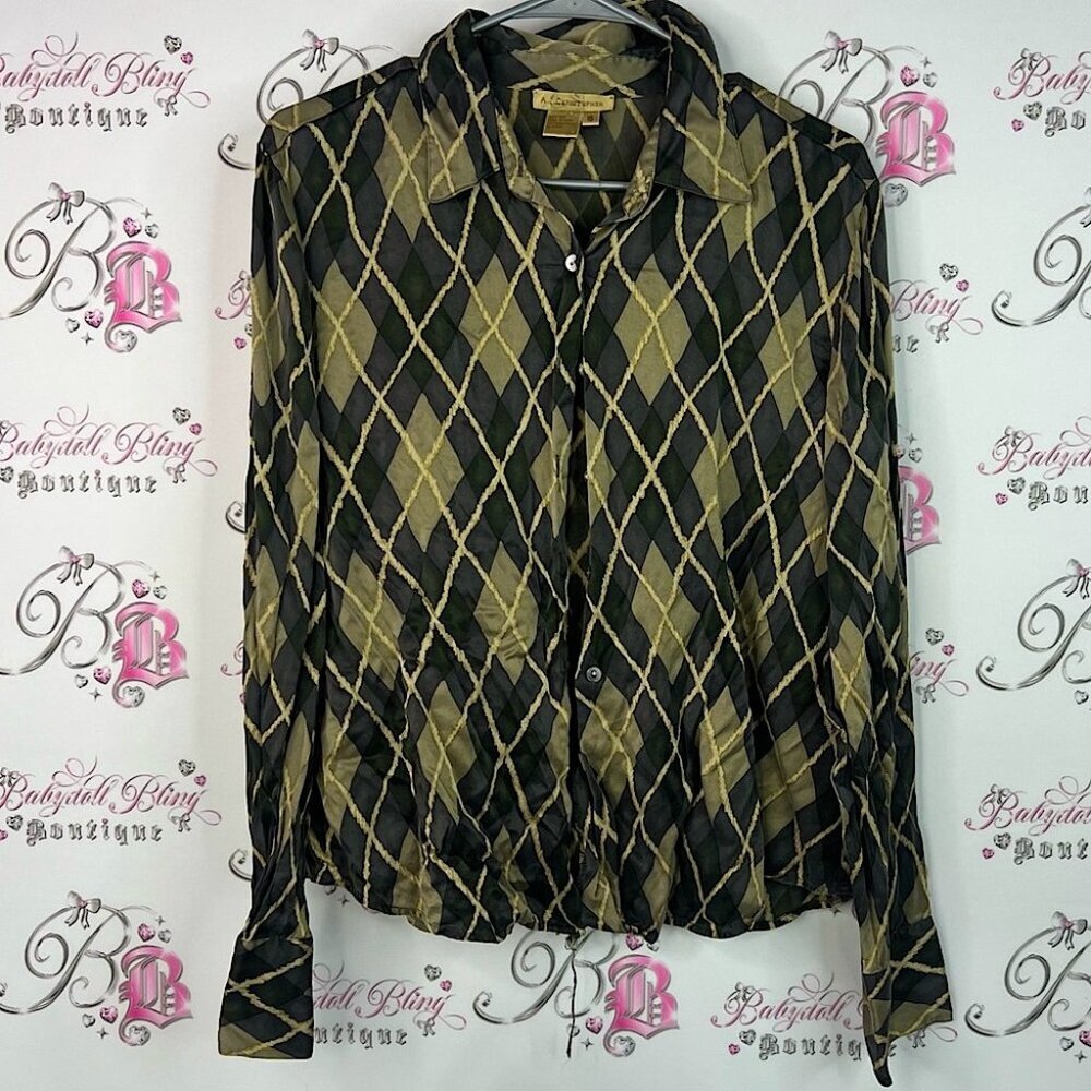 A.F Christopher 100% Silk Shirt with Diamond Pattern argyle luxury green gold